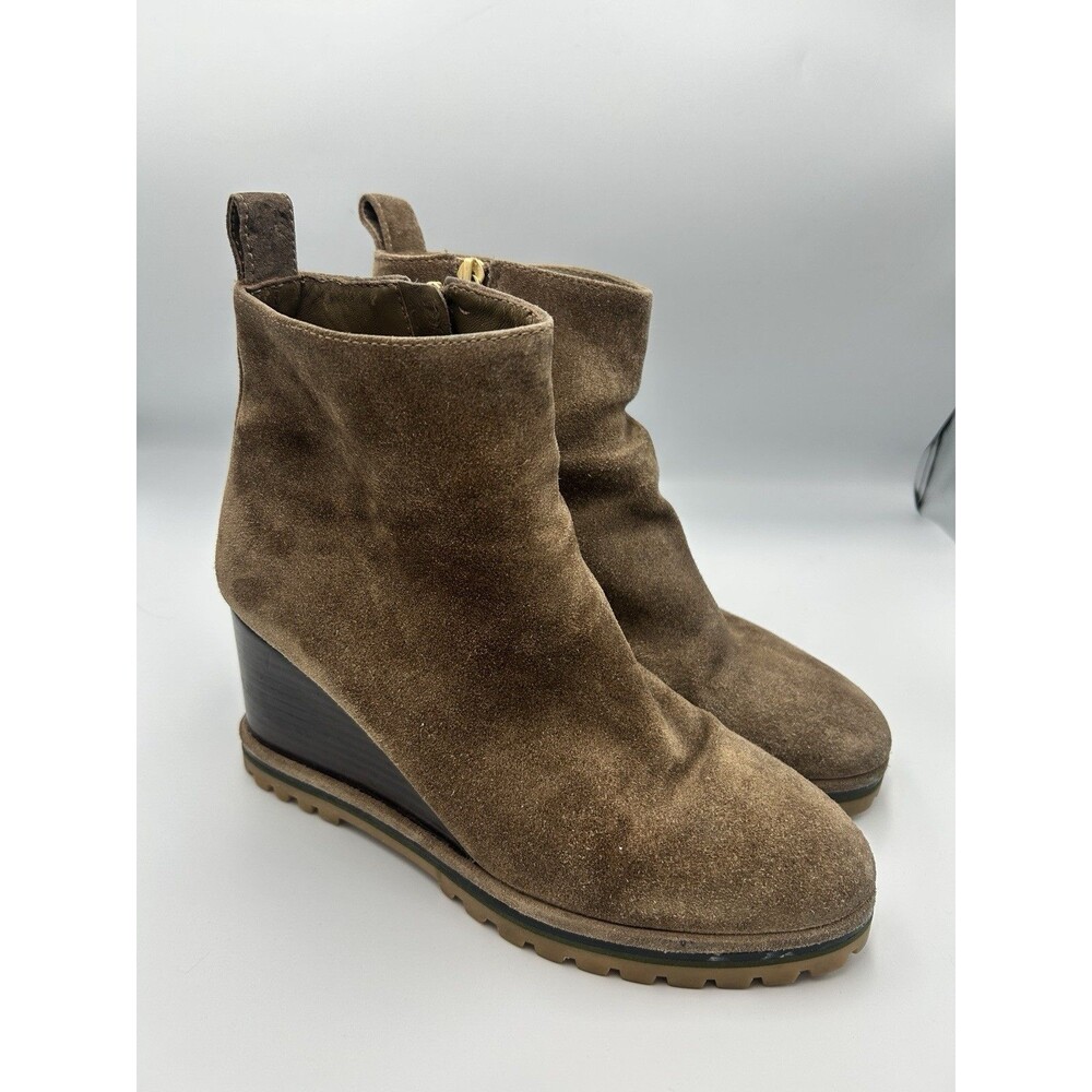 Women's Sz 8.5‎ Tory Burch Suede Leather Logo Lug Sole Wedge Boot River Rock